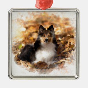 Ornement Carré Argenté Sheltie Shetland Sheepdog Art Peinture