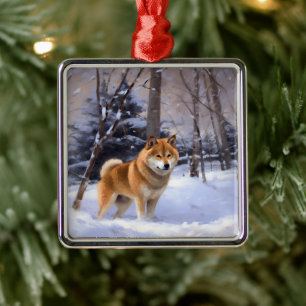 Ornement Carré Argenté Shiba Inu Laissez Neige Noël
