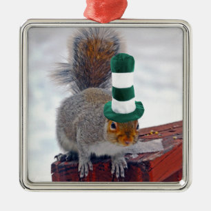 Ornement Carré Argenté Silly Squirrel with Green Striped Hat Ornament
