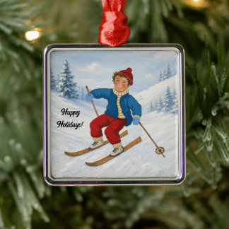 Ornement Carré Argenté Skieur Joyeux Personnalisé