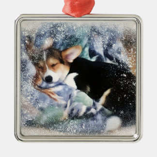 Ornement Carré Argenté Sleepy Welsh Corgi Puyppy