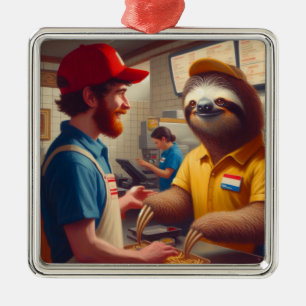 Ornement Carré Argenté Sloth Fast Food Worker