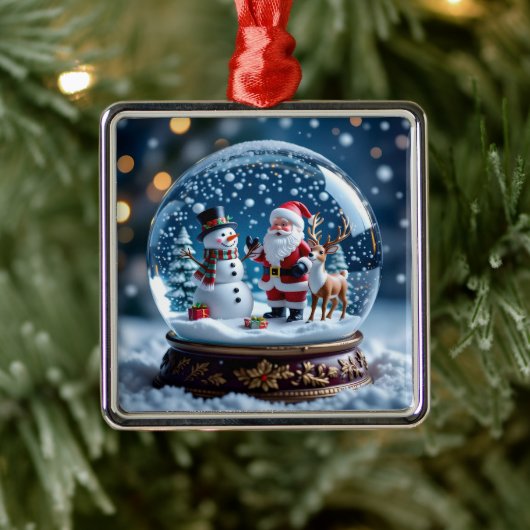 Ornement Carré Argenté Snow globe with Santa, a Reindeer and Snowman (Arbre)