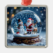 Ornement Carré Argenté Snow globe with Santa, a Reindeer and Snowman (Devant)