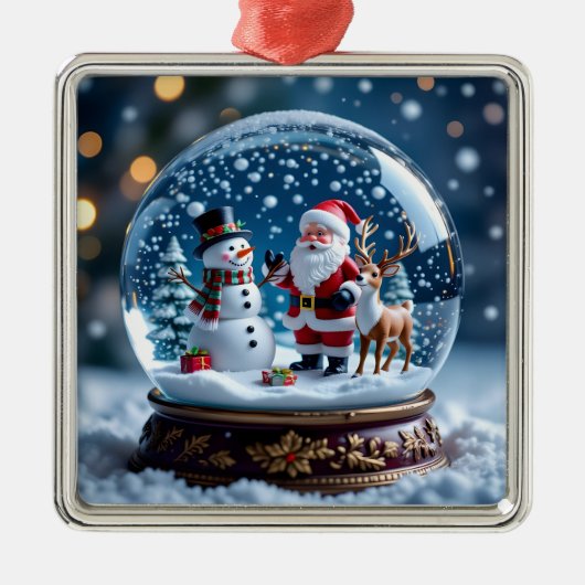 Ornement Carré Argenté Snow globe with Santa, a Reindeer and Snowman (Devant)