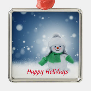 Ornement Carré Argenté Snowman avec une écharpe verte