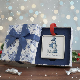 Ornement Carré Argenté Snowman dans Delft Blue personnalisable