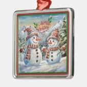 Ornement Carré Argenté Snowmen, Joyeux Noël, (Gauche)