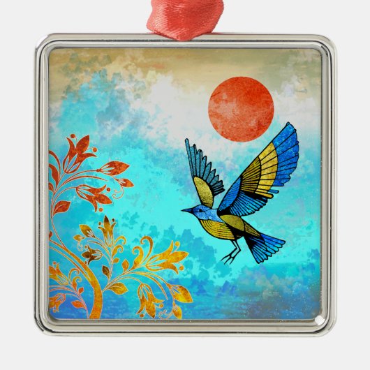 Ornement Carré Argenté Soleil de l'arbre d'oiseaux (Devant)