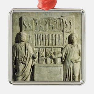 Ornement Carré Argenté Soulagement dépeignant un magasin de couverts