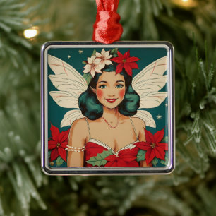 Ornement Carré Argenté Starlette Pin-Up Rétro Tropical Noël des Années 50