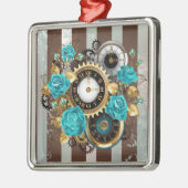 Ornement Carré Argenté Steampunk Clock and Turquoise Roses on Striped (Gauche)