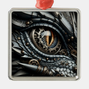 Ornement Carré Argenté Steampunk Dragon Eye Closeup Ai Art