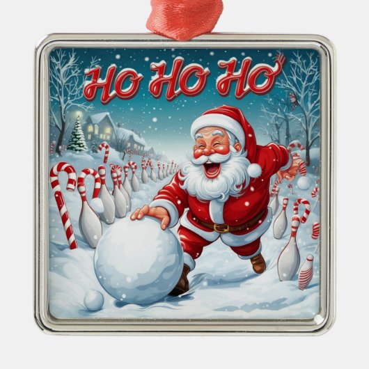 Ornement Carré Argenté Striking Santa Bowling Candy Cane Lane Personalize (Devant)