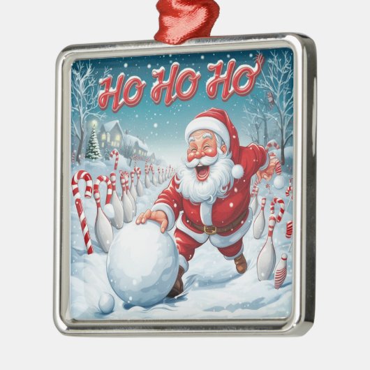 Ornement Carré Argenté Striking Santa Bowling Candy Cane Lane Personalize (Gauche)