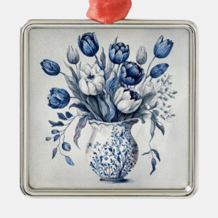 Ornement Carré Argenté Style bleu et blanc Delft bouquet de tulipe design