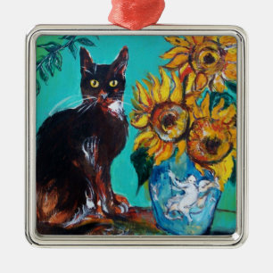 ORNEMENT CARRÉ ARGENTÉ SUNFLOWERS WITH BLACK CAT IN BLUE TURQUOISE