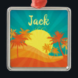 Ornement Carré Argenté Sunset Beach tropical rétro surf nom design<br><div class="desc">Avec un design d'une plage tropicale rétro au coucher du soleil avec des palmiers. Ce design surf aux couleurs rouge, orange et jaune rappelle une station balnéaire tropicale en été. Pour les amateurs de soleil, de surf et de sable et de couchers de soleil tropicaux.. Option de nom personnalisée pour...</div>