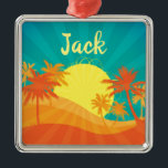 Ornement Carré Argenté Sunset Beach tropical rétro surf nom design<br><div class="desc">Avec un design d'une plage tropicale rétro au coucher du soleil avec des palmiers. Ce design surf aux couleurs rouge, orange et jaune rappelle une station balnéaire tropicale en été. Pour les amateurs de soleil, de surf et de sable et de couchers de soleil tropicaux.. Option de nom personnalisée pour...</div>