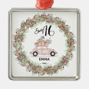 Ornement Carré Argenté Sweet 16 Pink Name Script Car Christmas Holiday