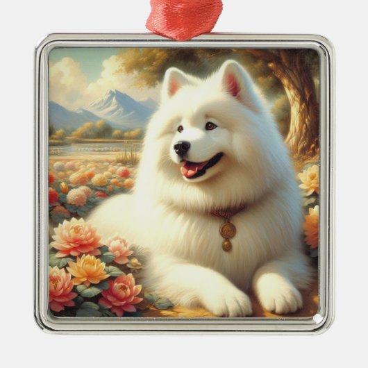Ornement Carré Argenté Tableau vintage Samoyed Dog (Devant)