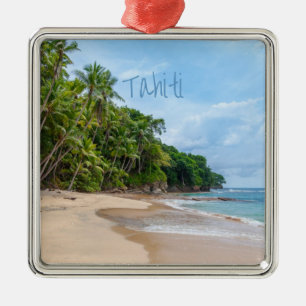 Ornement Carré Argenté Tahiti Sand Beach Ciel bleu Palmiers