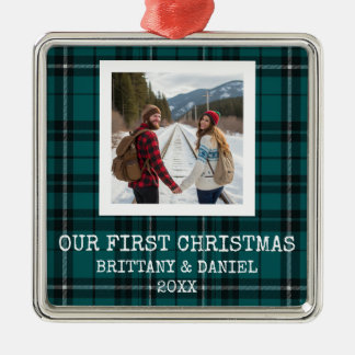 Ornement Carré Argenté Tartan Vert Notre Premier Noël