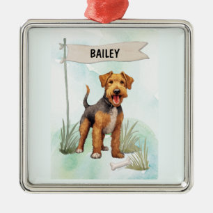 Ornement Carré Argenté Terrier Gallois Aquarelle Chien Personnalisé