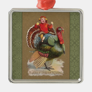 Ornement Carré Argenté Thanksgiving Turquie Drôle salutations Vintages