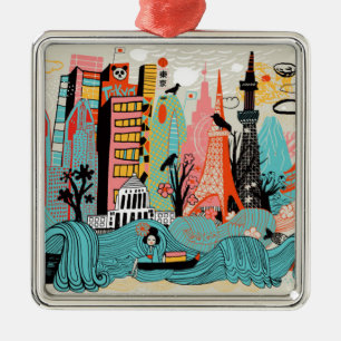 Ornement Carré Argenté Tokyo tirée par la main Japon