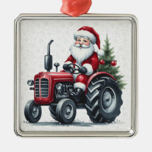 Ornement Carré Argenté Tracteur Père Noël Orament