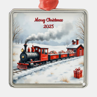 Ornement Carré Argenté Train de Noël personnalisé dans la neige