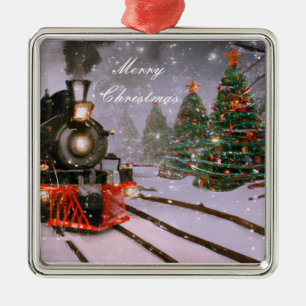 Ornement Carré Argenté Train forestier de Noël