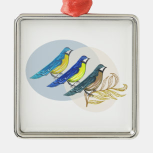 Ornement Carré Argenté Trois oiseaux