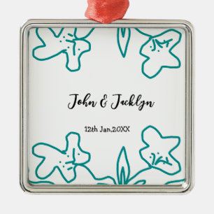 Ornement Carré Argenté Turquoise bleu couple mariage nom date flstylish