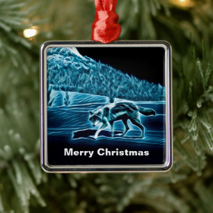 Ornement Carré Argenté Un Loup Sur Neige