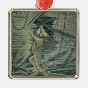 Ornement Carré Argenté Un plongeur de mer profonde regardant les épaves