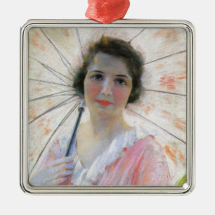 Ornement Carré Argenté Une dame en robe rose avec un parasol (Robert Reid