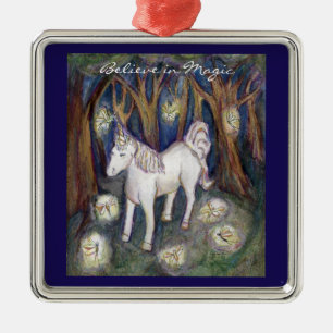 Ornement Carré Argenté Unicorne et Fées forestières Art Personnalisé