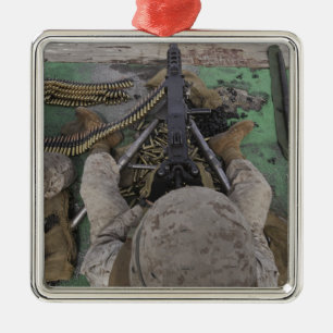 Ornement Carré Argenté US Marine tire une mitrailleuse de calibre M2 50