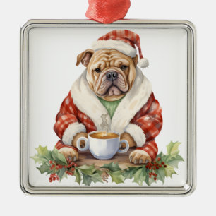 ORNEMENT CARRÉ ARGENTÉ VACANCES ADORABLES CHRISTMAS BULLDOG CHIEN