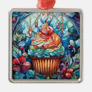ORNEMENT CARRÉ ARGENTÉ VACANCES DE NOËL CUPCAKE EN VERRE STAINÉ