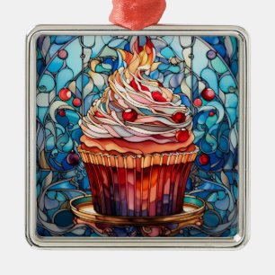 ORNEMENT CARRÉ ARGENTÉ VACANCES DE NOËL CUPCAKE EN VERRE STAINÉ