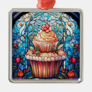 ORNEMENT CARRÉ ARGENTÉ VACANCES DE NOËL CUPCAKE EN VERRE STAINÉ