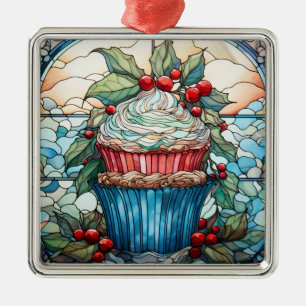 ORNEMENT CARRÉ ARGENTÉ VACANCES DE NOËL CUPCAKE EN VERRE STAINÉ
