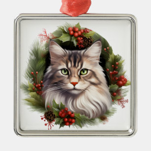 ORNEMENT CARRÉ ARGENTÉ VACANCES EN COULEUR D'EAU CHRISTMAS MAINE COON CAT