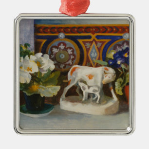 Ornement Carré Argenté Vache au Staffordshire avec Primulaes 2004