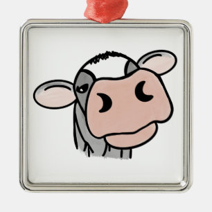 Ornement Carré Argenté vache de dessin animé noir blanc rose baiser gris