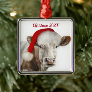 Ornement Carré Argenté Vache de Noël avec chapeau de Noël