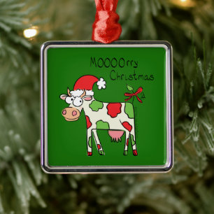 Ornement Carré Argenté Vache Drôle Caricature Noël